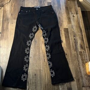 Men's Slim Straight Black Jeans with Floral Side Embroidery